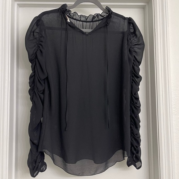 See by Chloe Long Sleeve Rutched Georgette Sheer Blouse Black Sz M/L - Picture 4 of 5